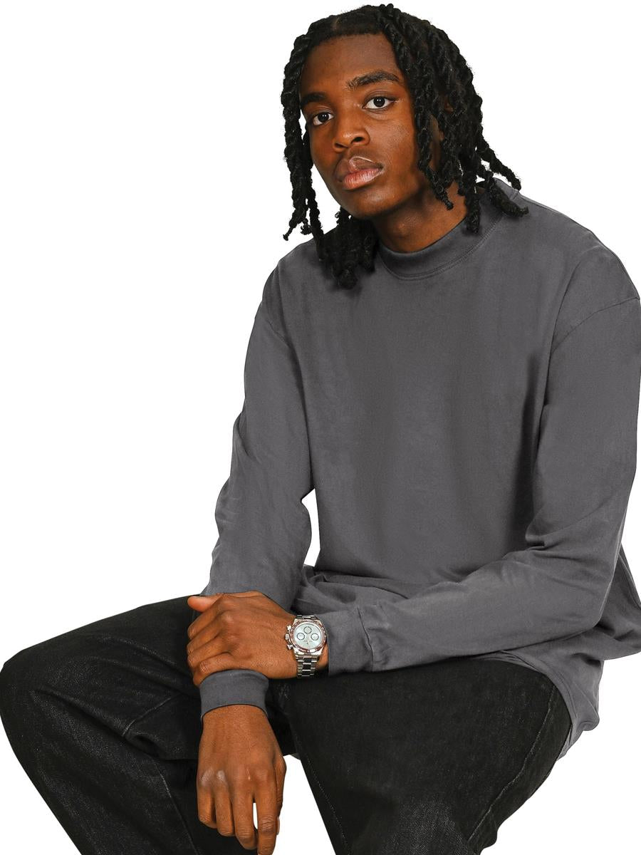Ringspun Combed 180 Acid Wash Oversize Extended Neck Long Sleeve T — Acid Charcoal
